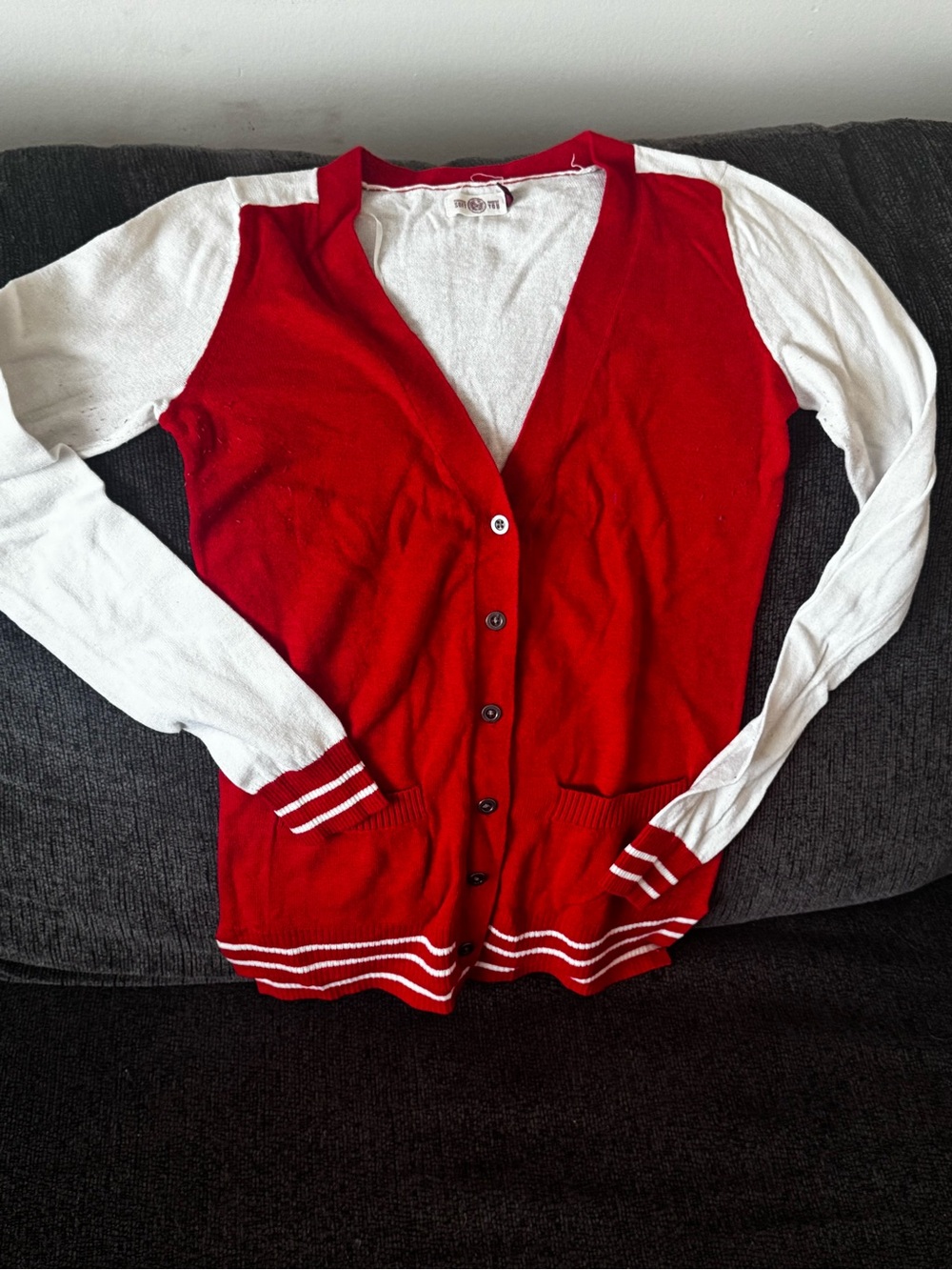 SO Red and White Button-Up Cardigan Sweater